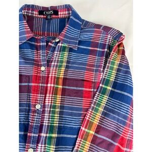 Chaps Denim Plaid Button Down Shirt, Women's‎ Multi-Color Long Sleeve